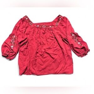 LC Lauren Conrad Floral Embroidered Blouse in Red Size Small
